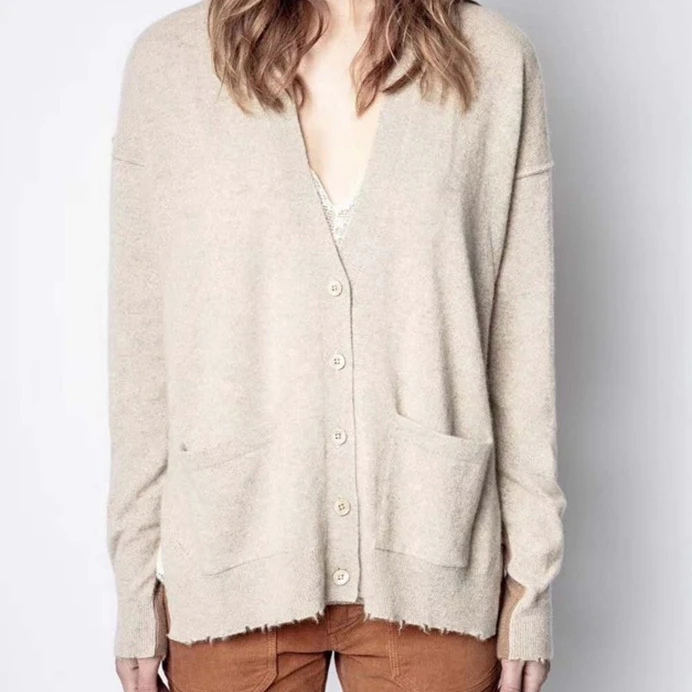 

Women Sweater 2020 Autumn and Winter New Cashmere Contrast Color Hollow Letters Fashion Knitted Cardigan All-match