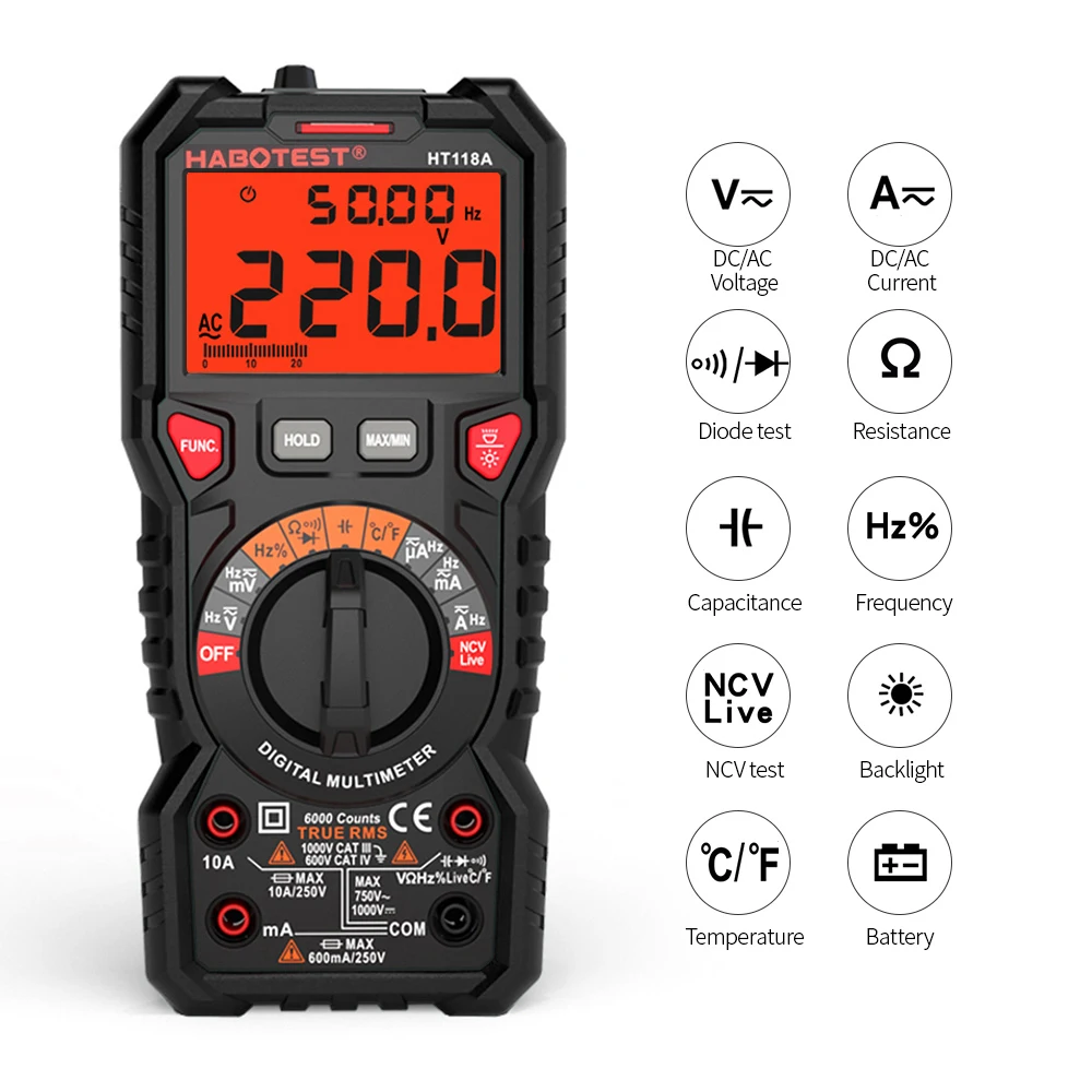 Цифровой мультиметр HT118A 6000 отсчетов True RMS 1000 В 10 А с автоматическим выбором