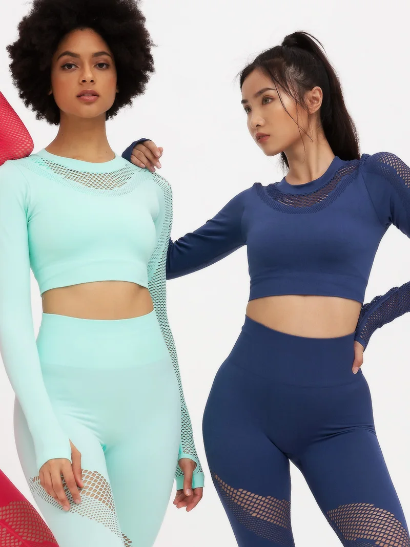 Костюм для йоги полый бесшовный сетчатый спортивный костюм высокая талия