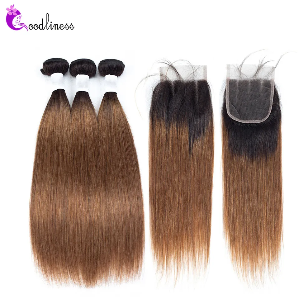 

Pre-Colored Brazilian Ombre Bundles With Closure T1b/30 T1b/27 Two Tone Color Ombre Straight Human Hair Bundles With CLosure