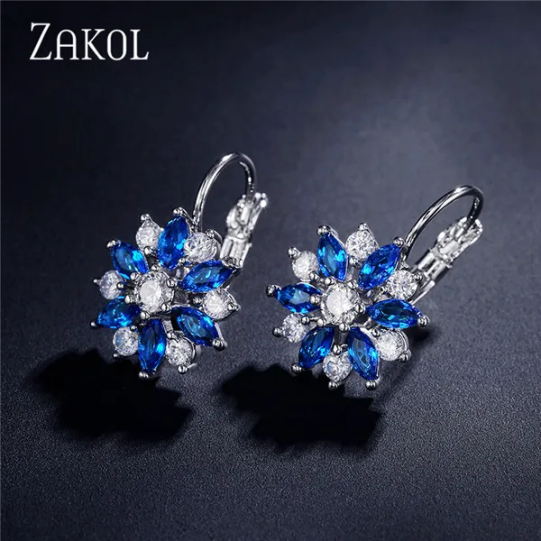 Blue White Color ZAKOL Мода розовое золото Цвет цветок обруч серьги кластера прозрачного хрусталя циркония серьги для Для женщин ювелирные Brincos FSEP609 - Окраска металла: Blue White Color