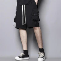 mens casual shorts summer new solid color elastic waist white rope fashion zipper pocket youth trend versatile shorts