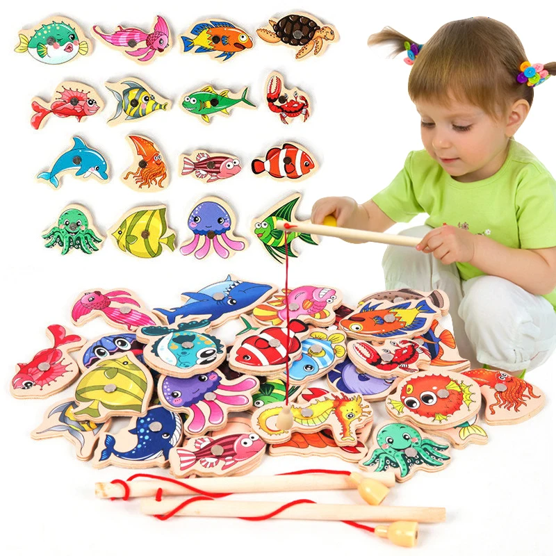 Wooden Magnetic Fshing Game Cartoon Marine Life Cognition Fish Rod Toys for Children Early Educational Parent-child Interactive | Игрушки и