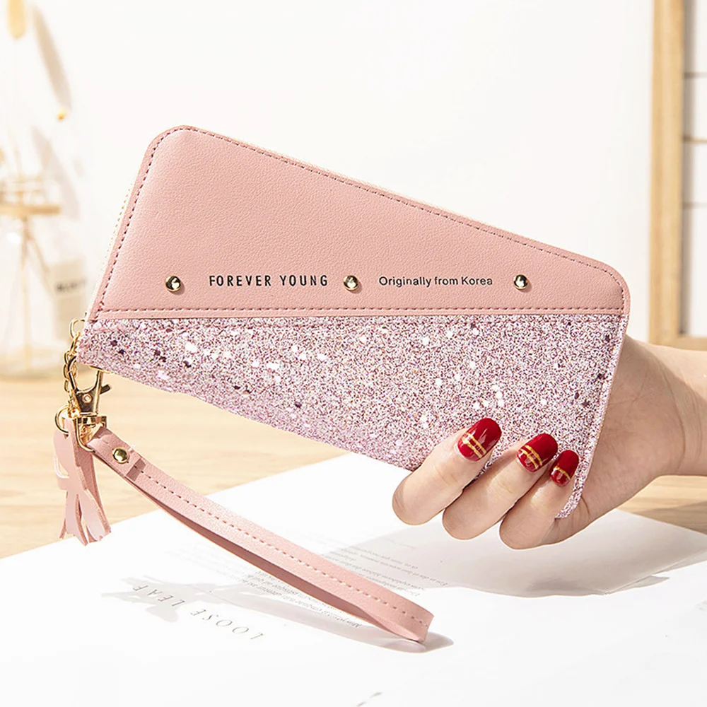 

2021 Модный Блестящий кошелек в стиле пэчворк для женщин, Длинный кошелек из искусственной кожи, кошелек для монет, женские кошельки, подарки ...