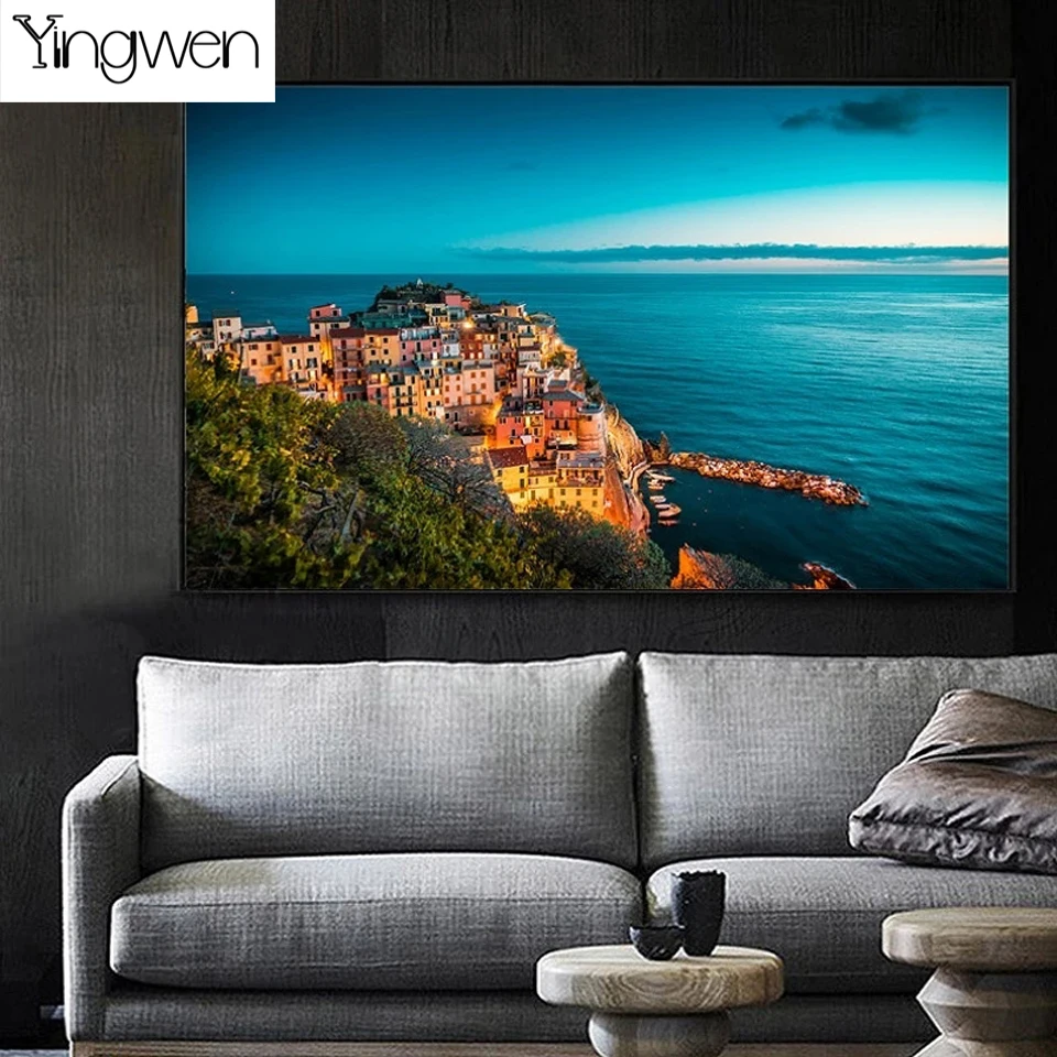 

Diamond Painting Cliff Fishing Village Seascape Rhinestone Diamond Art DIY Full Square Round Drill Embroidery Mosaic Home Decor