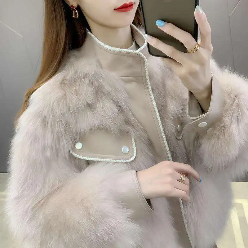 Winter Women Faux Fox Fur Jacket  Elegant Short Zipper Lapel Warm Jacket Fashion Splicing Solid  High Quality Plush Outwear