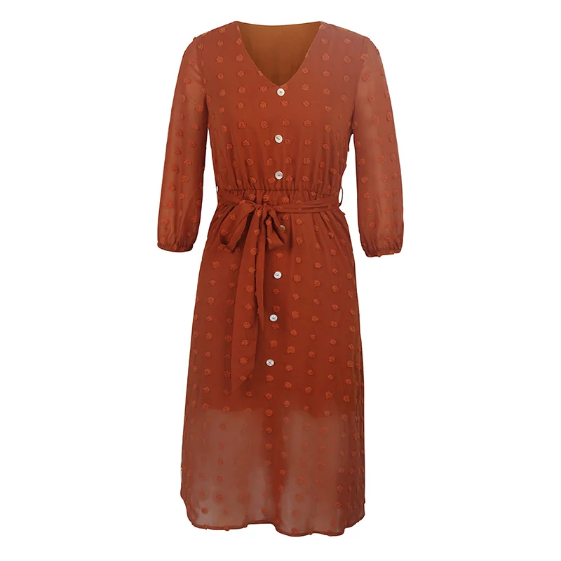 

Chiffon O Neck Long Sleeve Buttons Decoration Dress Women Simple Fashion Solid Color Casual Ladies Modi Dresses