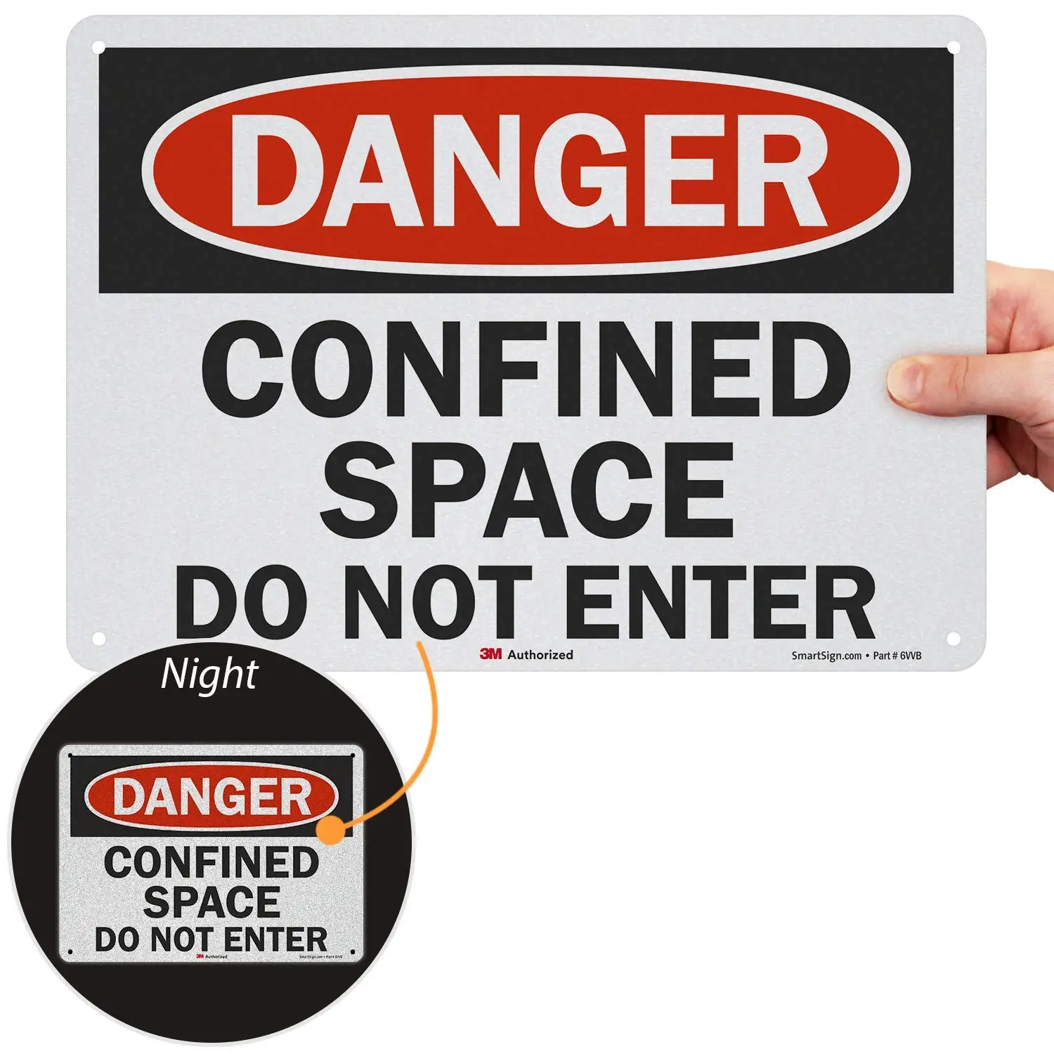 

3M Engineer Grade Reflective Sign, Legend "Danger: Confined Space Do Not Enter",8" high x 12" wide, Black/Red on White