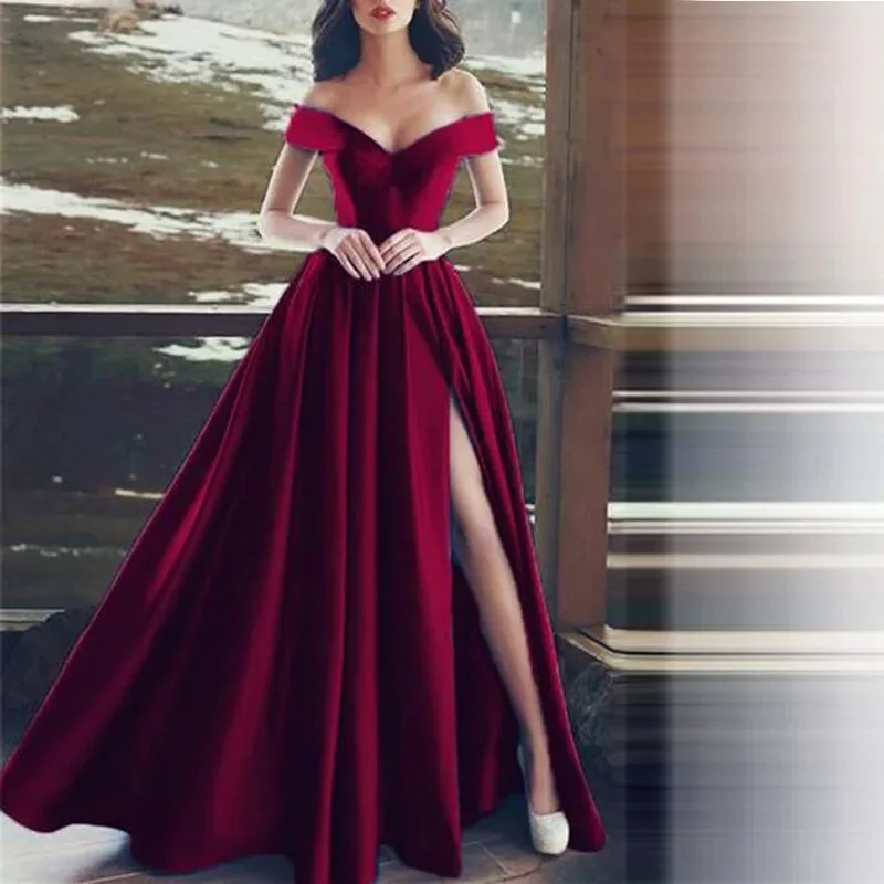 

Ladies Evening Dress One-shoulder French Elegant Banquet Dress Split Open Back Sexy Simple Temperament
