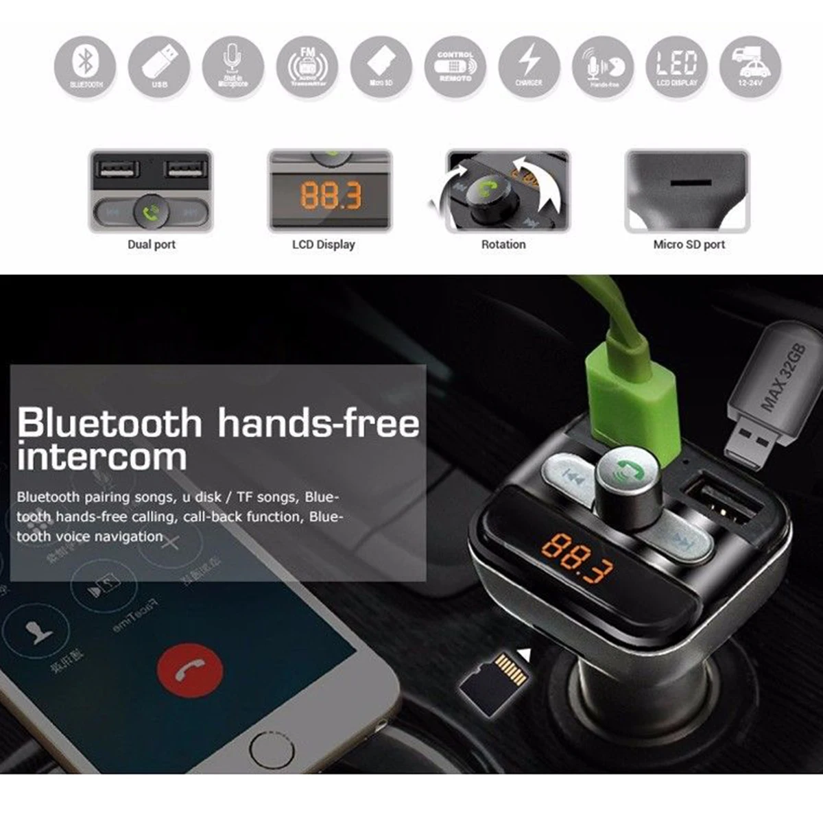 Автомобильный Bluetooth Беспроводной Hands-free FM передатчик Комплект MP3 Dual USB
