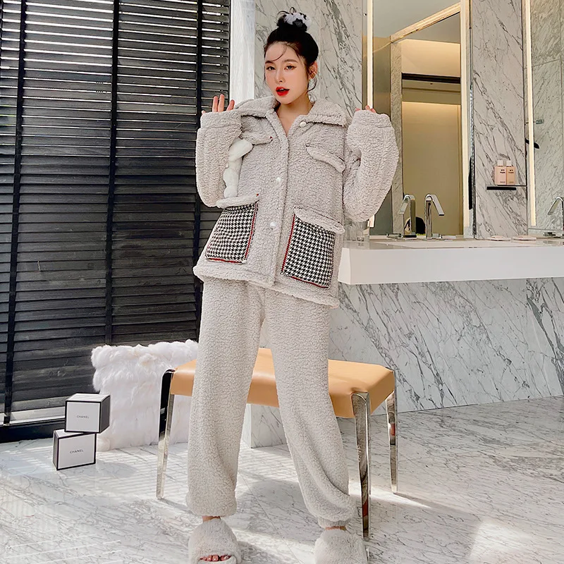 Women Nightwear Pajama Set Cute Korean Pajamas Plush Turn Down Collar 2 Piece Pajama Set Women Thick Button Up Pajama Set