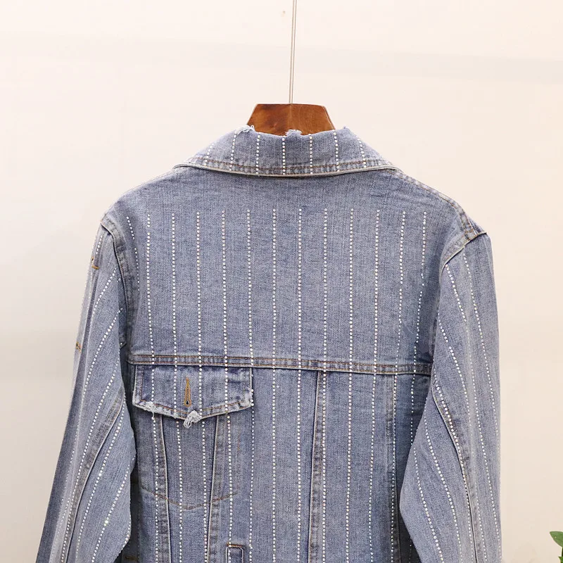 Осеннее джинсовое пальто женское в полоску со стразами|Женские куртки| |