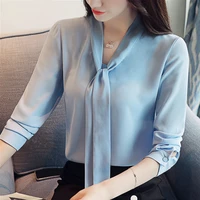new fashion women blouses blue chiffon blouse shirt bow collar office blouse women tops female long sleeve women shirts blusas