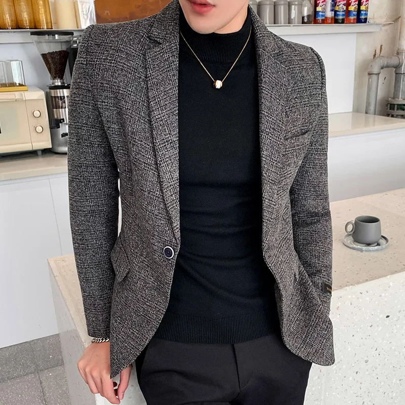 

2021 Brand clothing Men's High Quality pure cotton business suit/Male slim fit plaid Leisure Blazers/groom dress Jackets S-3XL