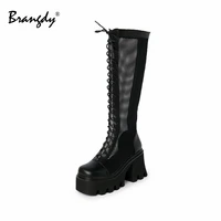 brangdy mesh hollow women knee hight boots genuine leather chunky heels womens goth shoes zipper lace women sandals size 34 41