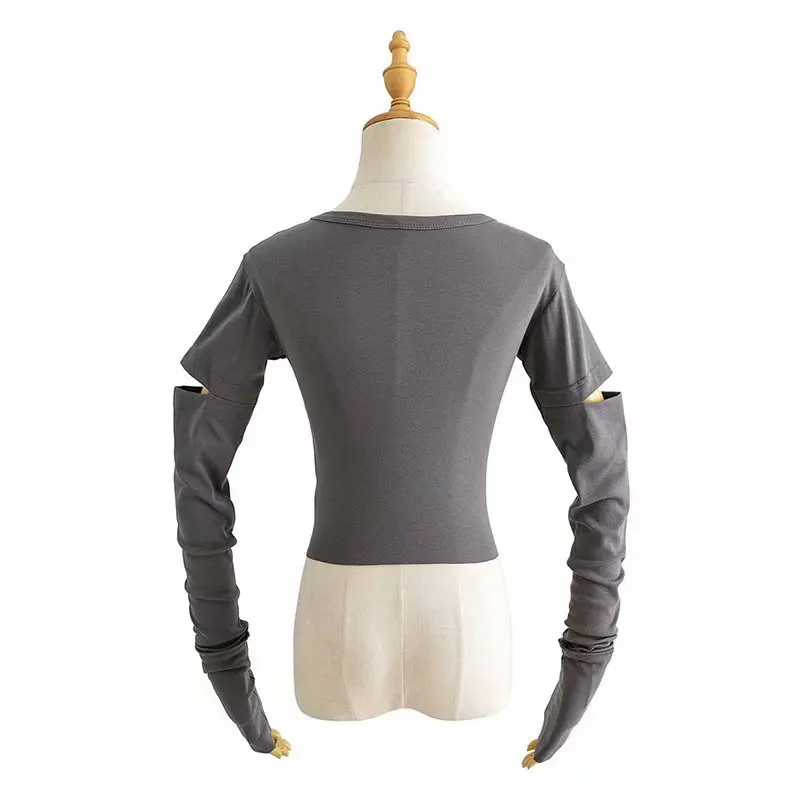 

2021 spring new woman fashion solid color sleeves open slim high waist T-shirt women's top pullover round neck casual Full