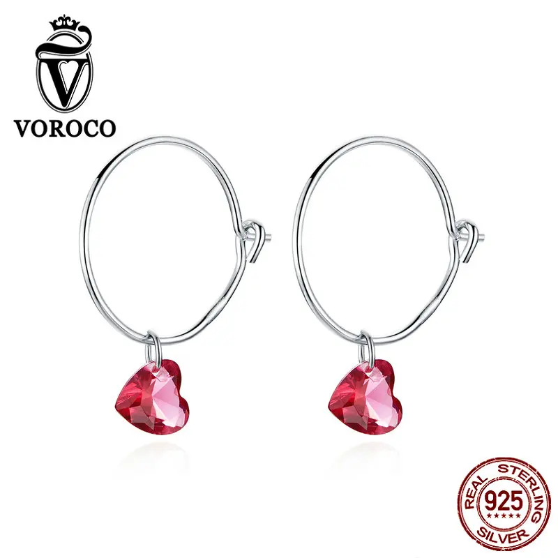 Серьги кольца женские из серебра 925 пробы с красным сердцем|Серьги-кольца| |