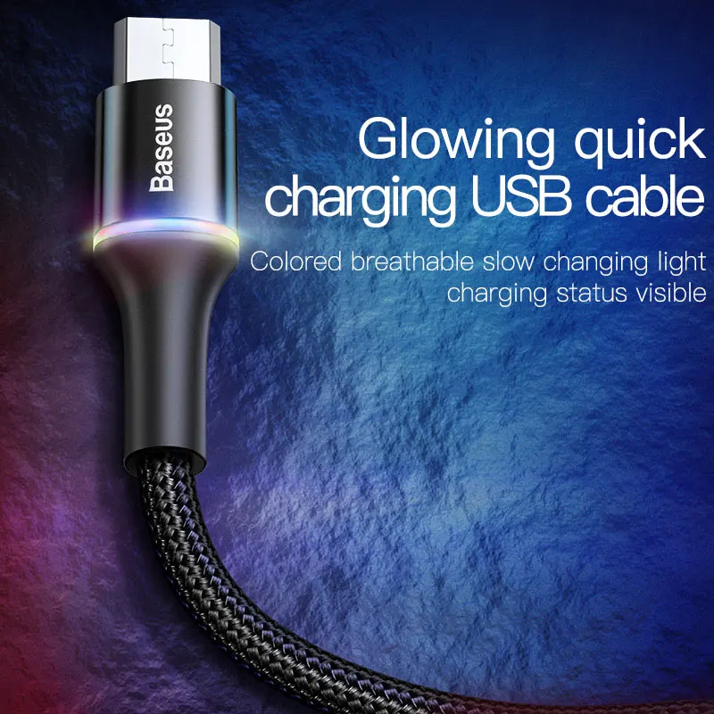 baseus micro usb cable 2a 3a fast charging charger with led lighting mini usb cable 3m for xiaomi android mobile phone wire cord free global shipping