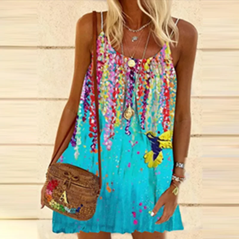 

Women Casual O Neck Spaghetti Strap Dress 2021 Spring Vintage Pattern Printed Party Dress Summer Sleeveless A-Line Beach Dresses