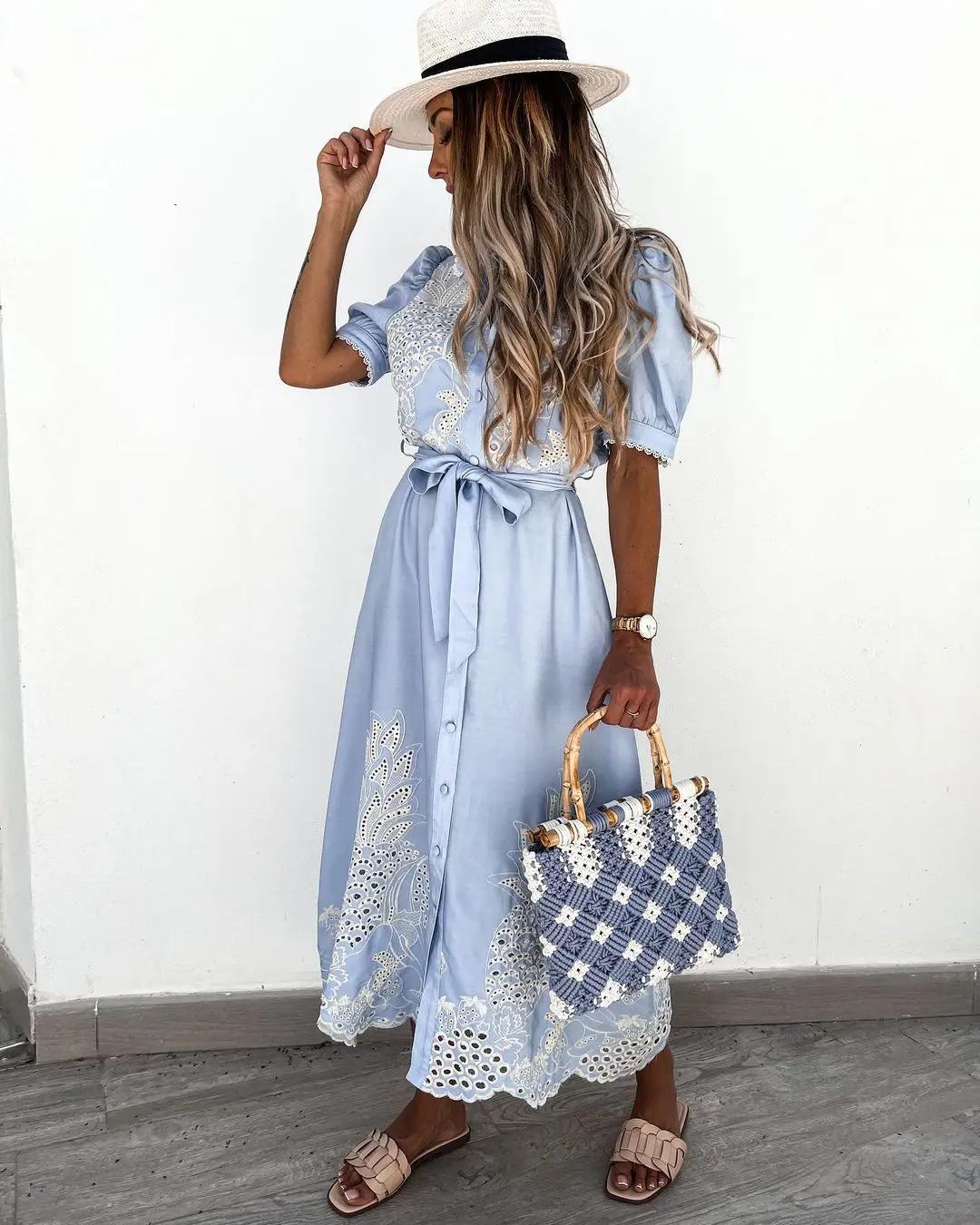 

Summer Embroidery Print Long Dress Women 2021 Elegant Puff Sleeve Lace Party Dress Button Ladies Tie-Up Belted Shirt Dress