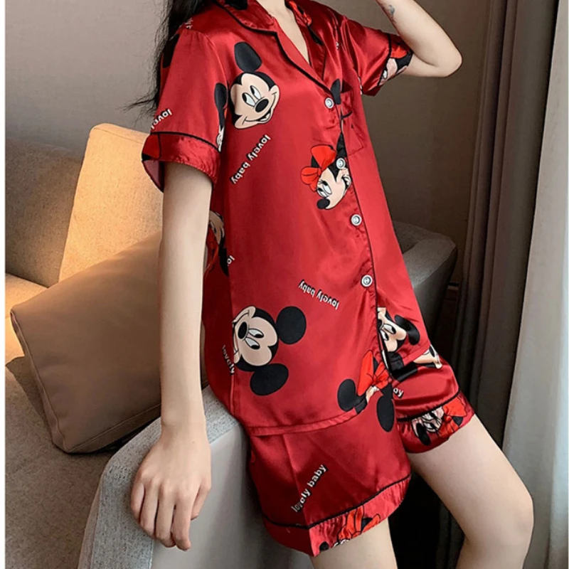 Disney Mickey Mouse Faux Silk Pajamas Set Women Summer Shirt and Shorts Satin Red Short Sleeve Casual Female Pijama Home Wear