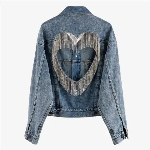 Женская джинсовая куртка, мешковатая Свободная джинсовая куртка с бахромой и вырезами, рукавом летучая мышь, украшенной бисером, F1627