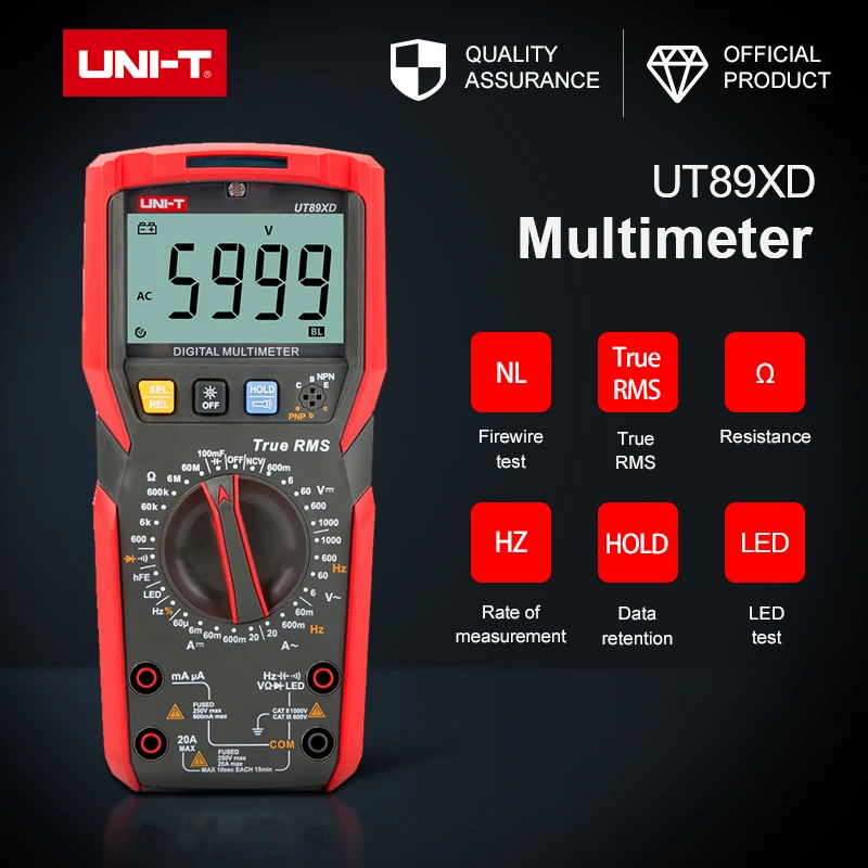 

UNI-T UT89XD Professional Digital DC AC Multimeter 1000V 20A True RMS LED Test Data Hold 6000 Display Count Capacitance Tester
