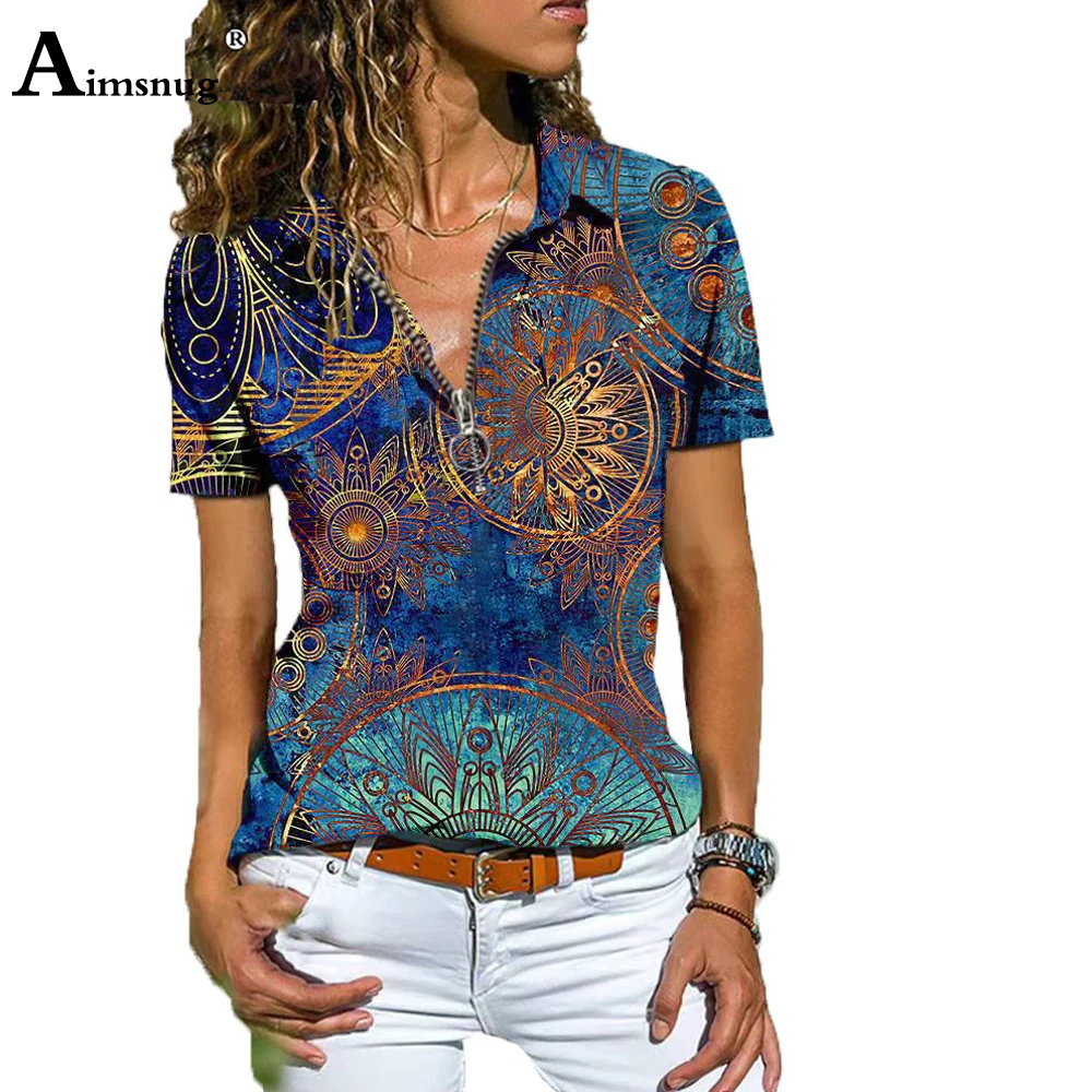 

Plus Size Ladies Vintage 3D Print T-shirt Short Sleeve Women's Zipper Tops 2022 Summer New Casual Loose Tees Clothing Femme 5XL
