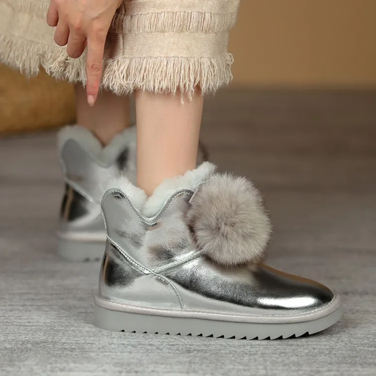 

Winter Boots Fur Wool Leather Waterproof Short Warm Modern Plush Flat Shoes Rain Girls Women's Platform Black Snow Boots