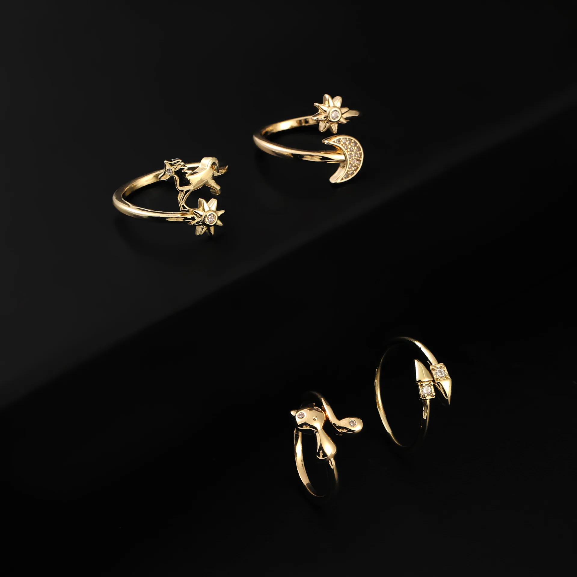 

2022 горячая Распродажа медное позолоченное микро-инкрустированное цветное циркониевое женское кольцо кошка пони Луна геометрический узор ...