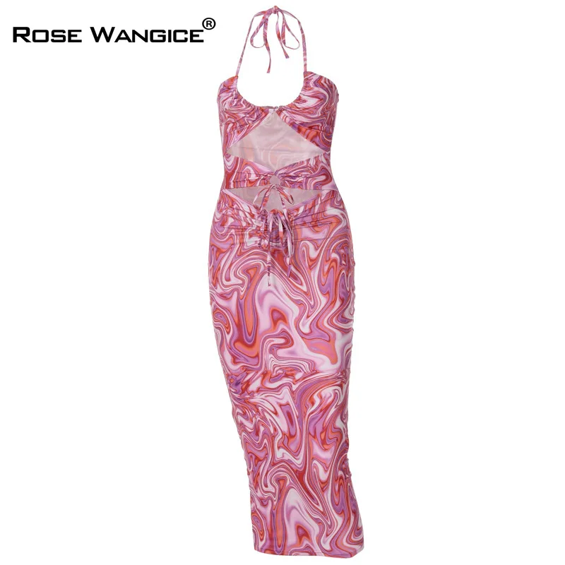 

2021 Summer Y2K Chiffon Printing Sexy Elegance Bandage Maxi Dress Women Fairy See Through Hollow Sleeveless Boho Dresses