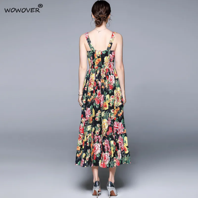 

Women Elegant Spaghetti Strap Floral Long Summer Dress Runway Festa Fashion Designers Print Vintage Aline Holiday Party Vestidos