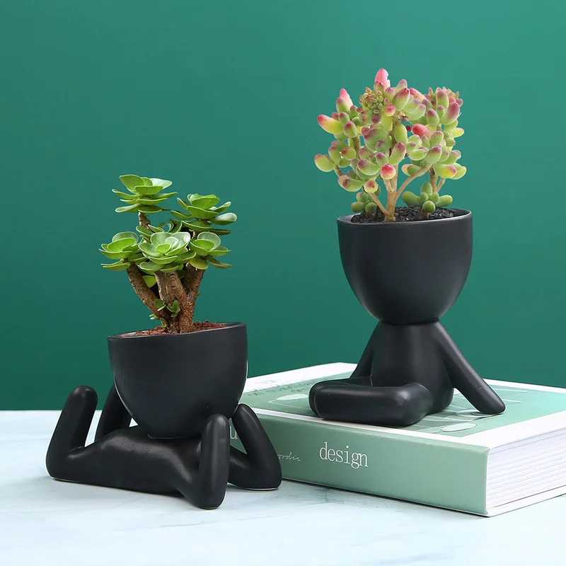 Creative Black Figure Flower Pot Plant Cactus Potted Abstract Ceramic Figurine Coffee Table Living Room Decor | Дом и сад