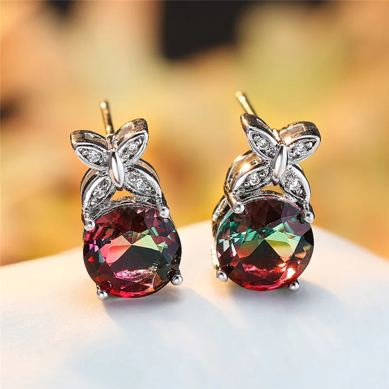 

Luxury Female Butterfly Round Stud Earrings Silver Color Rainbow Stone Earrings For Women Vintage Minimalist Wedding Earrings