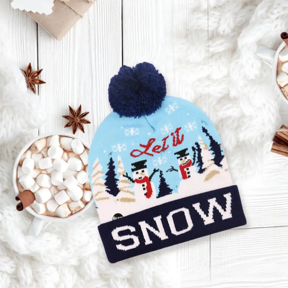 Skillful Manufacture Flanging Christmas Knitted Hat Superior Quality with Ball and LED Color Light for Children Gifts |