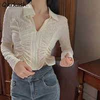 2021 shirt women summer slim design apricot crop top ulzzang camisas de mujer clothes folds casual all match new solid chic sexy