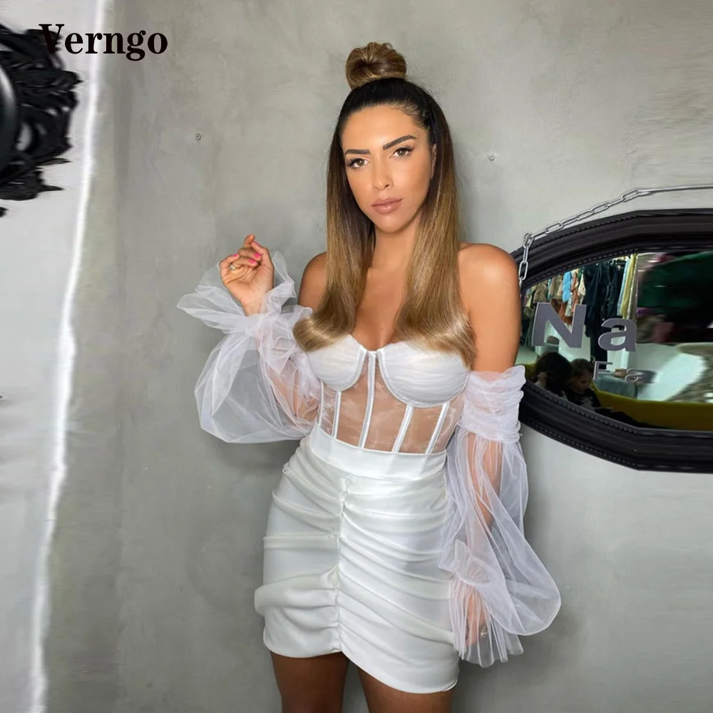 

Verngo 2021 White Cocktail Dress With Detacachable Long Puff Sleeves Sweetheart Prom Gown Mini Short Formal Party Dress