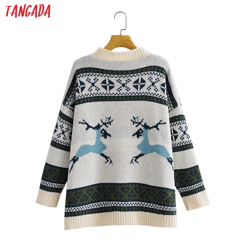 

Tangada Women 2021 Fashion Deer Pattern Oversized Cardigan Sweater Jumper V Neck Female Chic Tops 1F351