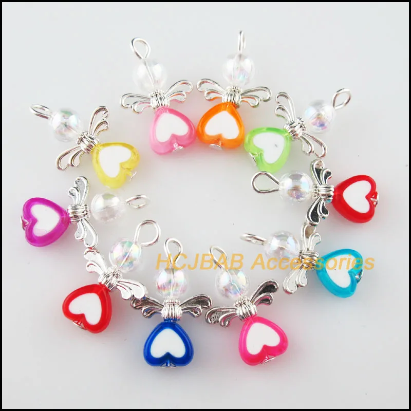 

20Pcs Silver Plated Tiny Heart Angel Mixed Acrylic White Beads Charms Pendants 14x22mm
