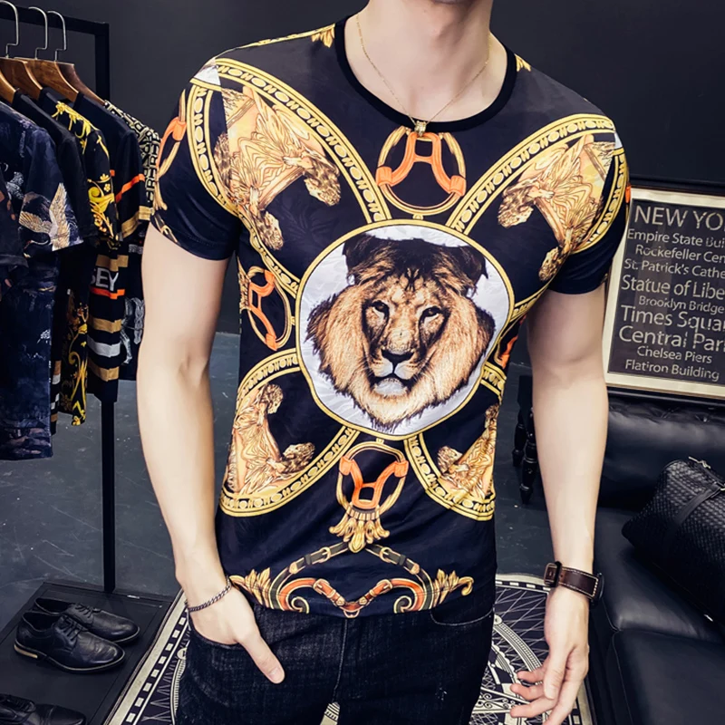 

Fashion Men's Short Sleeve T-Shirts Luxury Vintage Print O-neck Ice Silk T-Shir Business Casual Social Tee Tops Male Clothing