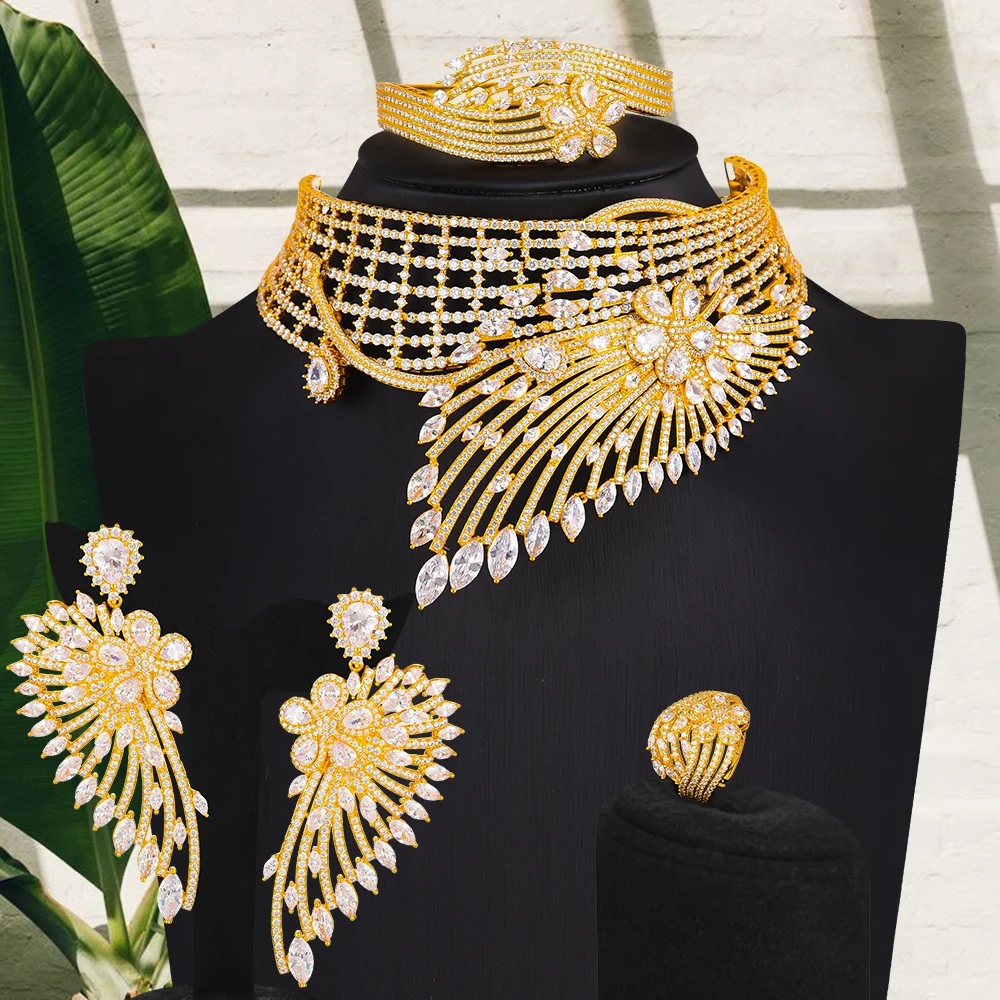 Offerte GODKI Set Di Gioielli Girocolli Di Piume Africane Di Lusso Per Donne Matrimonio Cubic Zirconia CZ Dubai Set Di Gioielli Da Sposa Regalo Da Ballo