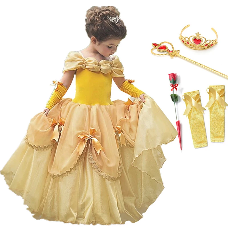 Belle Dress Set 02 Модное платье для девочек платье принцессы для косплея Красота и самый лучший детский костюм Хеллоуин вечеринка в честь Дня Рождения платье девушка красавица Платье Аврора, Золушка платье - Цвет: Belle Dress Set 02