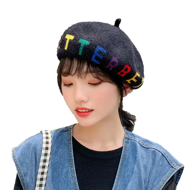 

Autumn and Winter Women's Beret Wool Pure color Simple Wild Embroidery Letters Winter Painter Hat