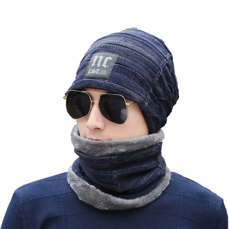 

Two-piece Hat And Scarf Winter Men's And Women's Outdoor Cycling Sports Letter Knitted Wool Plus Velvet Pullover Cap