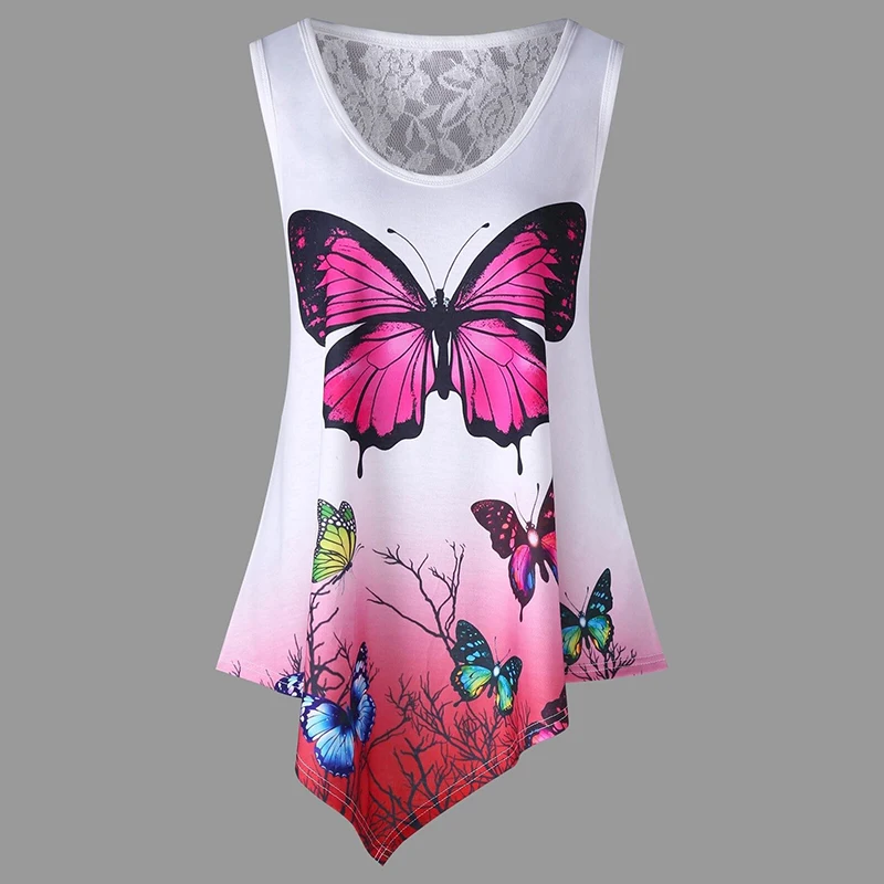 Женская свободная длинная футболка без рукавов с принтом бабочки винтажный Топ
