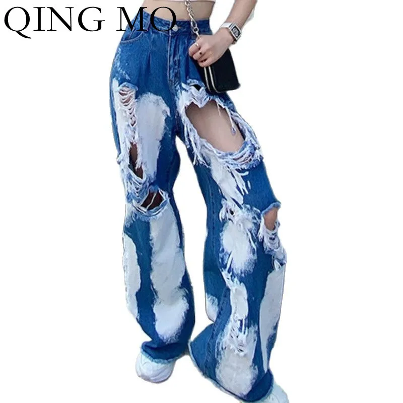 

Женские рваные джинсы QING MO, модные контрастные брюки большого размера с широкими штанинами, модель ZWL1159 на осень, 2021
