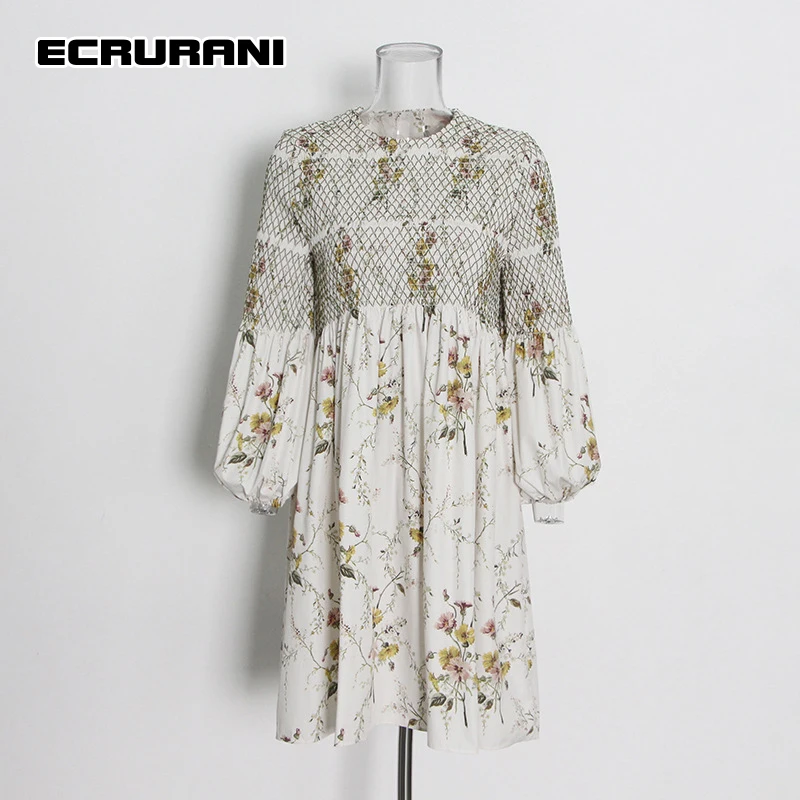 

ECRURANI Ditsy Floral Casual Dress For Female Round Neck Lantern Long Sleeve Knee Length Women's Colorblock Dresses 2021 Clothes