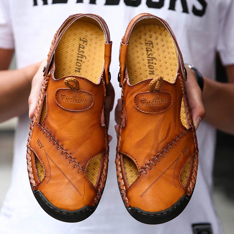 Summer New Style Flip Flops Men Leather Genuine Closed-toe Fashion Cowhide Split Toe Outdoor Wear Slippers Shoes | Обувь