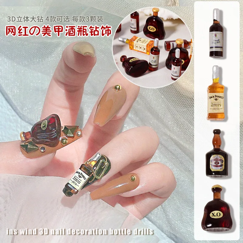 

2022 new Nail Art decor Wine Bottle Jewelry Mini 3D Wine Red DIY Shiny Nail Sticker Rhinestone Nail Art Accessories 5pc/set