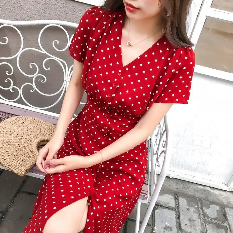 Summer Red Polka Dot Dress Girl's Retro Mid-Length Woman Dress Vestido De Mujer Femme Robe